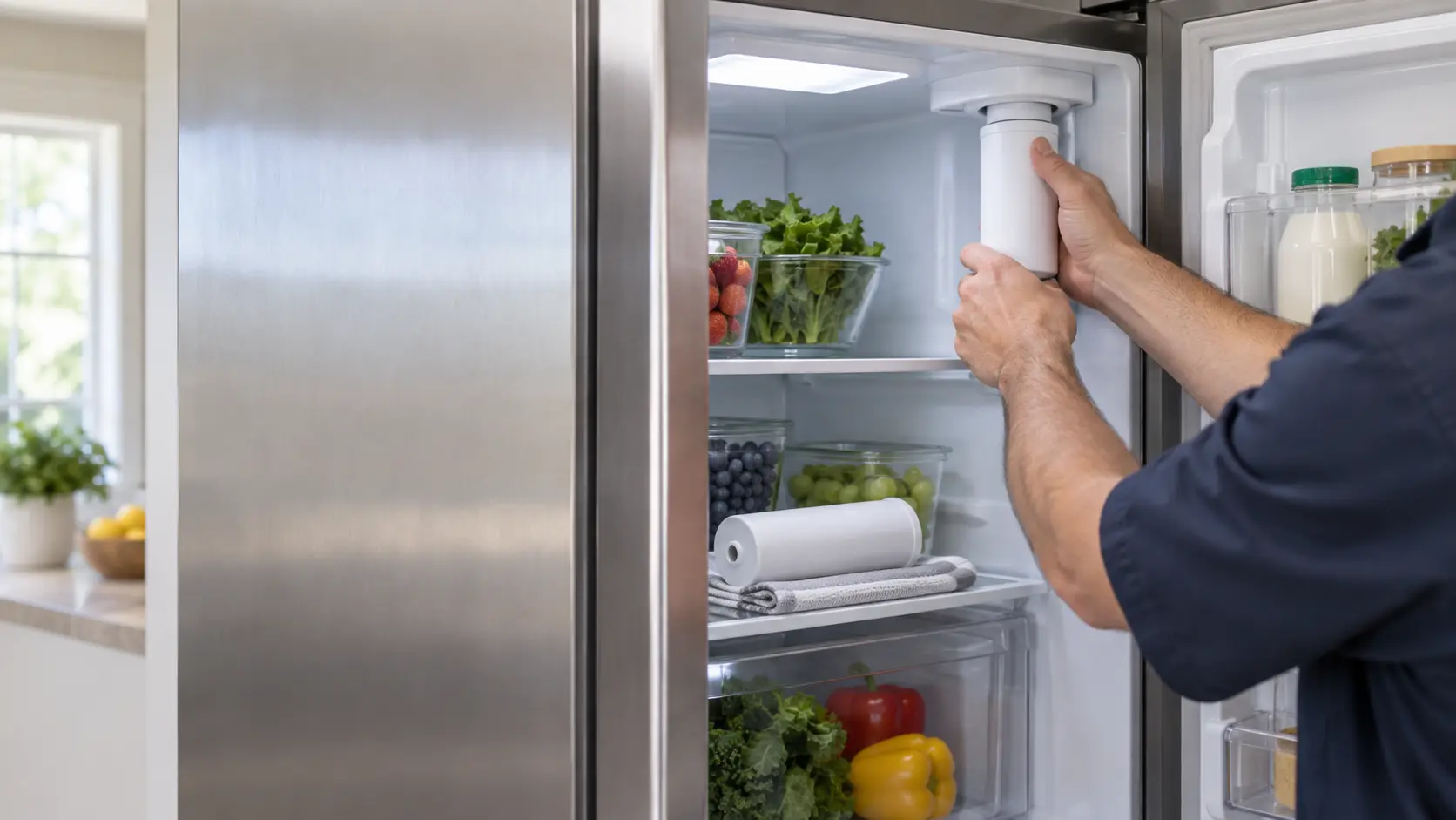 Inside the fresh food section of an open stainless refrigerator in a bright home kitchen, a technician's hands seen from the shoulders down twisting a new white cylindrical water filter cartridge into its housing in the upper corner, the old cartridge resting on a folded towel on a glass shelf, soft daylight.