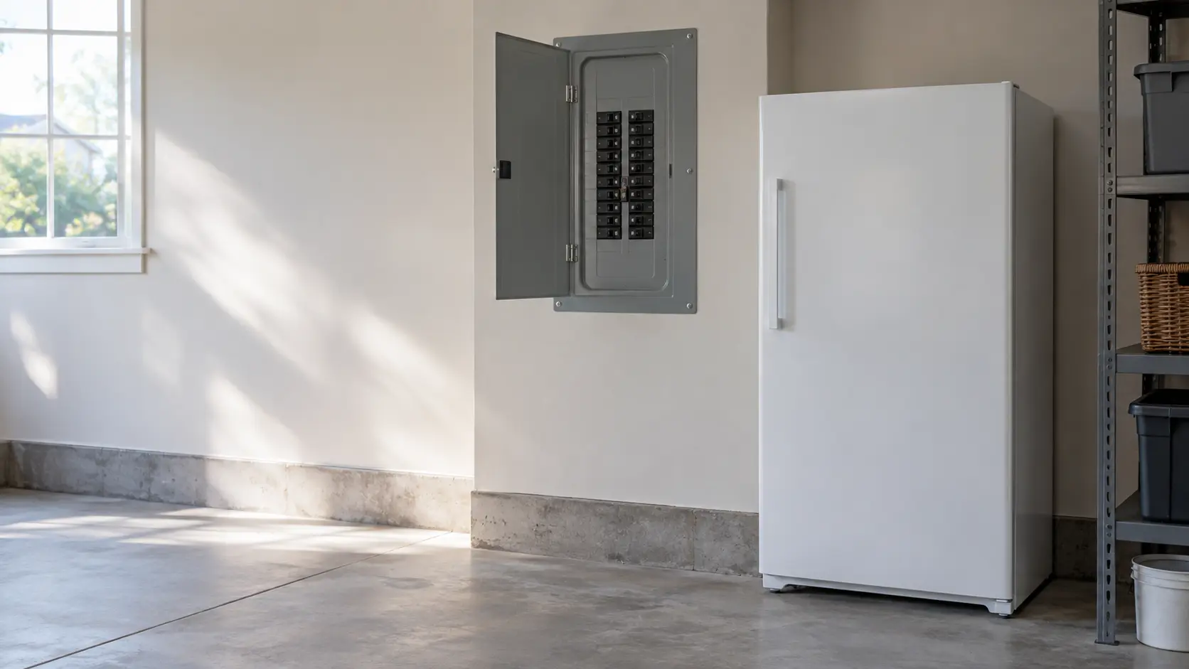 An open gray electrical panel door on a garage wall, one breaker in the row sitting in the tripped middle position, a white upright freezer standing dark and silent on the concrete floor nearby, soft daylight from a side window.