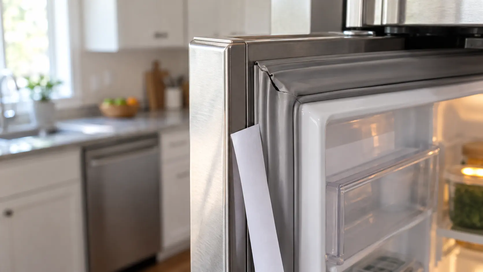 Close view of the edge of an open stainless refrigerator door in a home kitchen, the gray magnetic gasket visibly flattened and torn near the hinge corner, a thin strip of plain white paper lying loose against the frame, soft side light raking across the seal.