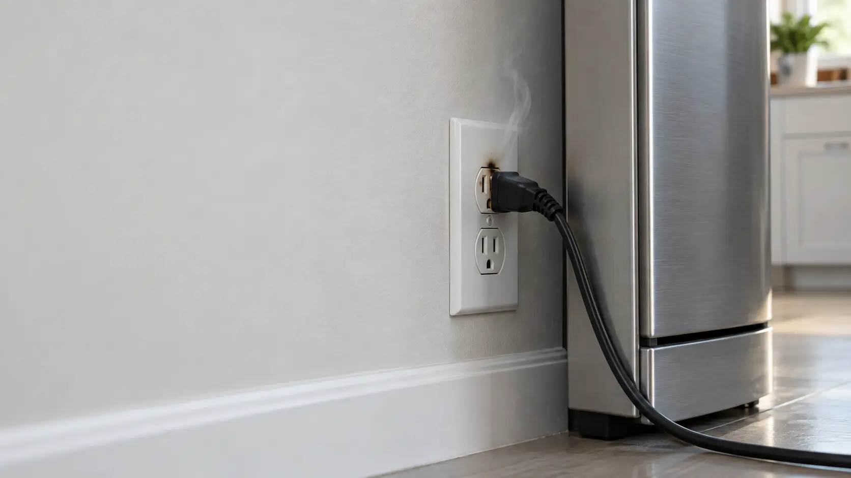 Close view of a white wall outlet low behind a stainless kitchen appliance, a plug half-seated in it with a faint brown scorch mark on the outlet face and a thin wisp of gray smoke rising, the dim kitchen beyond out of focus.