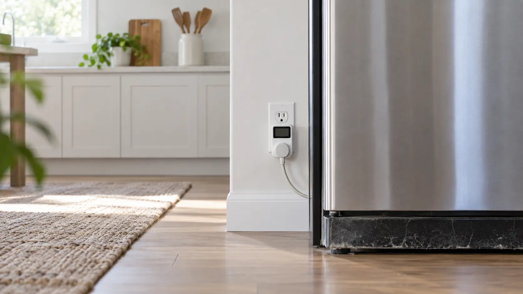 A home kitchen counter in soft daylight with a small plain white plug-in energy meter with a blank dark screen plugged into a wall outlet beside a stainless refrigerator, the refrigerator's kick plate at the bottom visibly furred with dust.