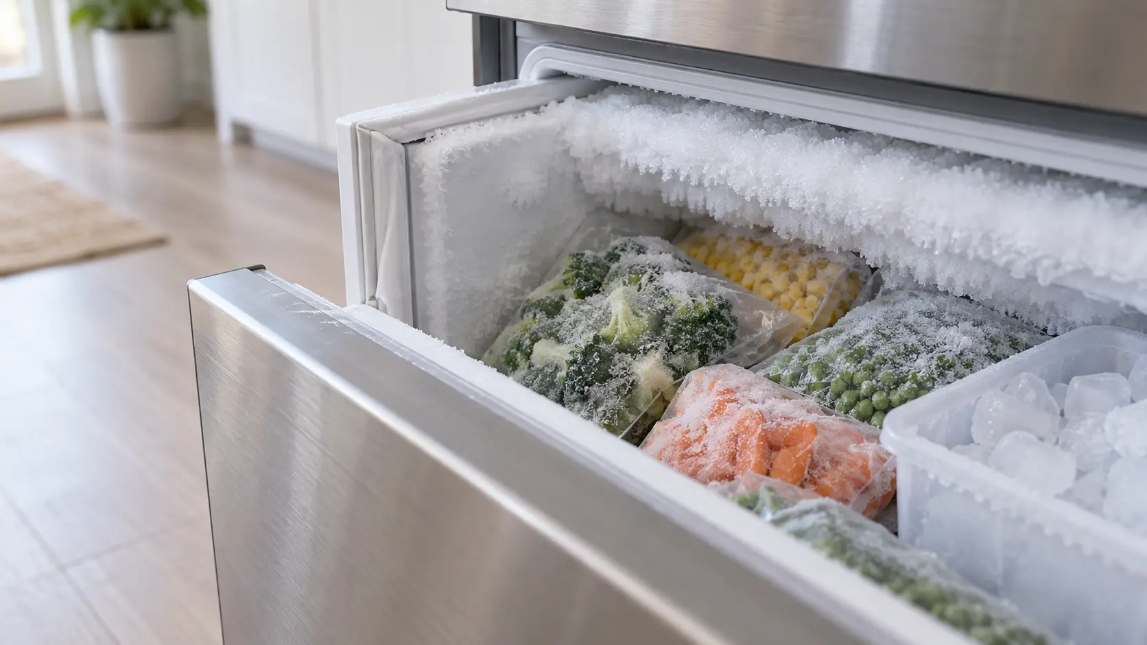 Close view into an open freezer drawer of a home refrigerator, a thick band of white frost crystals growing along the top edge of the liner and over bagged vegetables and an ice bin, the door gasket visible at the edge with a small fold in it, cool soft light.