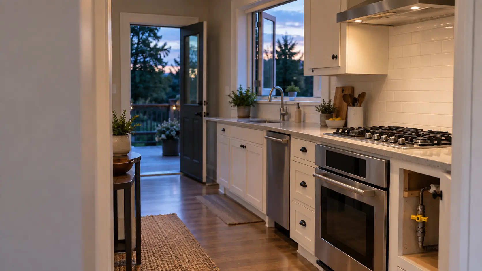 An empty home kitchen at dusk with a stainless gas cooktop and a wall oven, every burner dark and every knob at off, the kitchen window and the back door both standing open to the evening, a yellow-handled gas shutoff valve visible low in an open cabinet beside the cooktop, seen from the hallway.