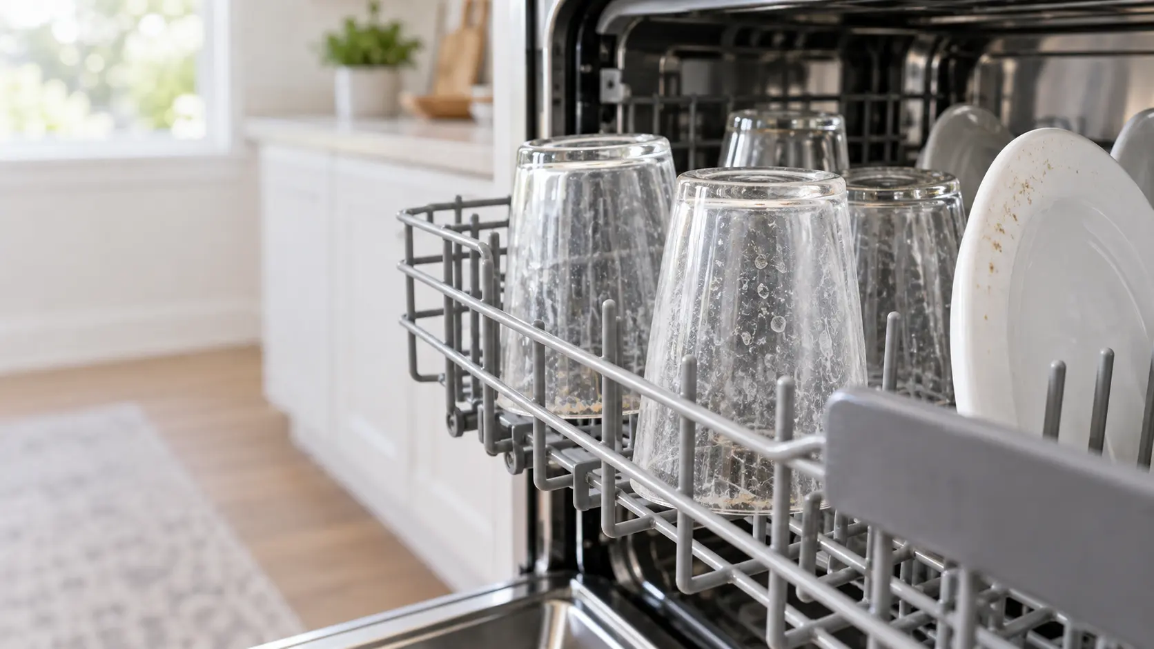 Close view of the upper rack of an open dishwasher in a bright home kitchen, clear drinking glasses with a hazy white film and a few sandy specks on the rims, a white plate beside them with dried grit near its edge, soft daylight.