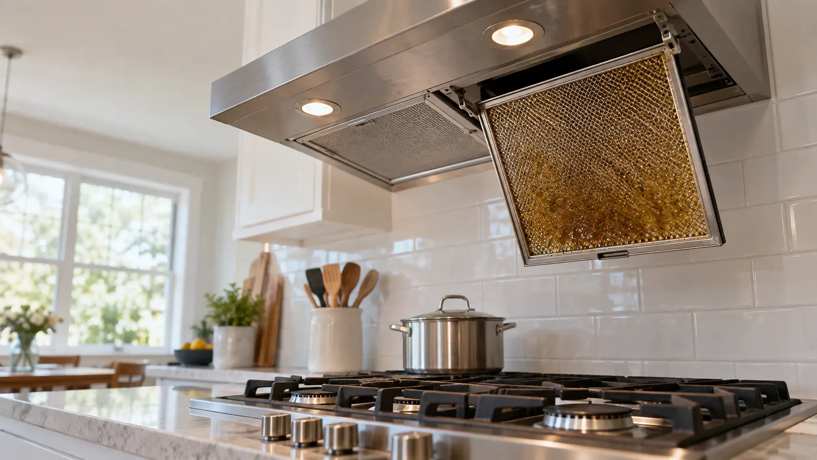 View from below of a stainless wall hood over a home gas cooktop with every burner off, one mesh grease filter lowered and hanging open on its hinge showing a thick amber layer of grease, a faint haze of steam lingering above a pot at the back.