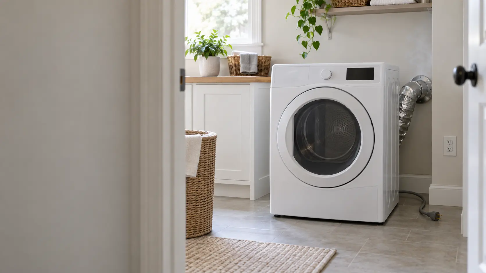 A quiet home laundry room with a front-loading vented machine standing still, its door closed and its display dark, a faint thin haze of pale smoke hanging near the round metal exhaust collar on the wall behind it, a crushed silver foil duct visible at the back, the power cord unplugged and lying on the floor, seen from the doorway.