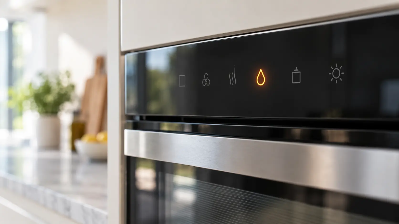 Close view of the dark control panel of a built-in steam oven set into light kitchen cabinetry, one abstract droplet-shaped reminder icon glowing amber among unlit symbols, the stainless door blurred below, soft daylight.