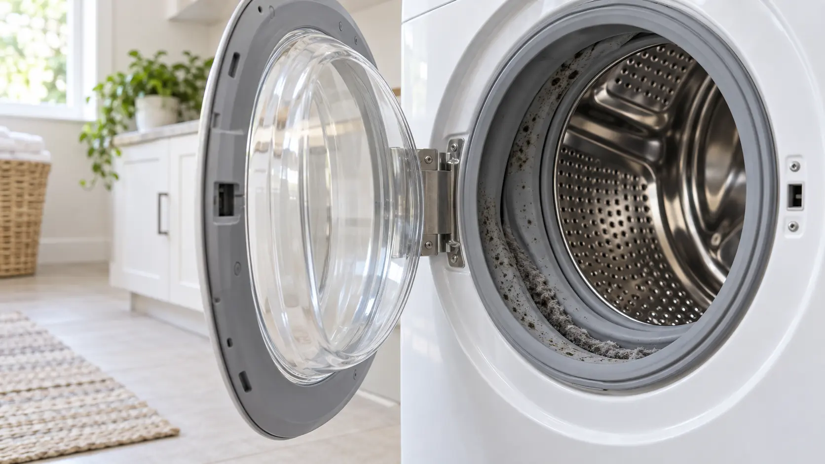 Close view of the open door of a white front-loading washer in a home laundry room, the gray rubber door boot folded back to show dark mildew spots and a line of lint trapped in its fold, the empty stainless drum behind, soft daylight.