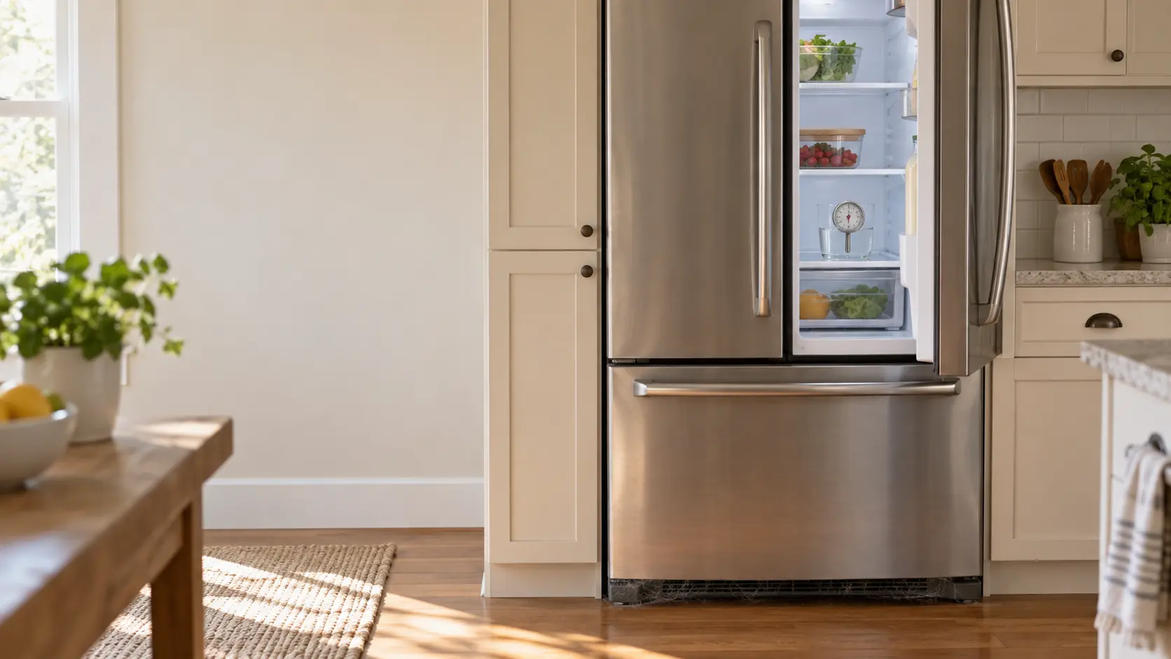 A stainless freestanding refrigerator in a warm home kitchen pushed tight into a narrow opening between tall cabinets with almost no gap at the top or sides, the kick plate at the bottom visibly furred with gray dust and pet hair, a simple dial appliance thermometer standing in a glass of water on a shelf seen through the half-open door.