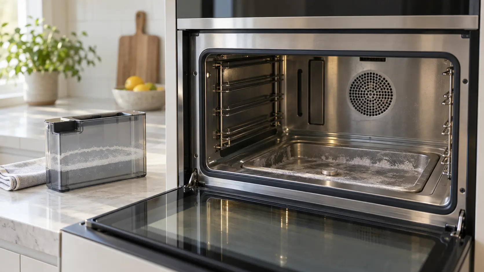 Close view into the open door of a built-in steam oven in a home kitchen wall, the stainless evaporator tray at the bottom of the cavity coated with a chalky white crust, the removable water tank set beside it on the counter with a white mineral ring inside, soft daylight.