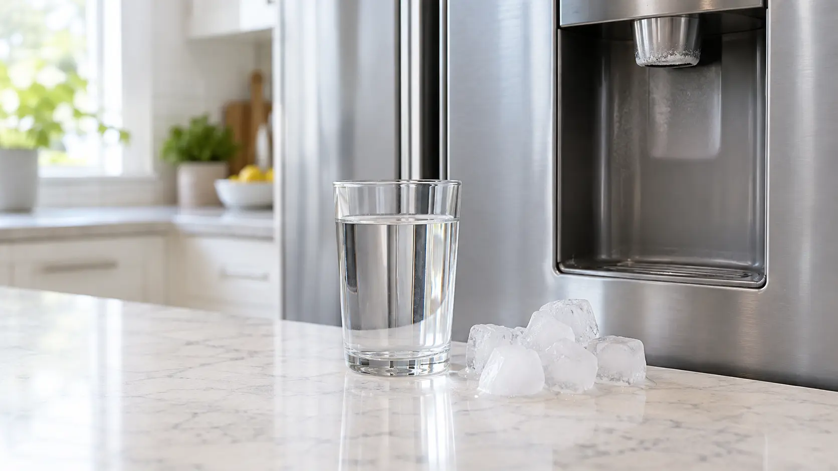 Close view of a clear glass of water and a small pile of cloudy, slightly clumped ice cubes on a light stone counter beside the door dispenser of a stainless refrigerator, a faint white crust visible around the dispenser outlet, soft daylight.