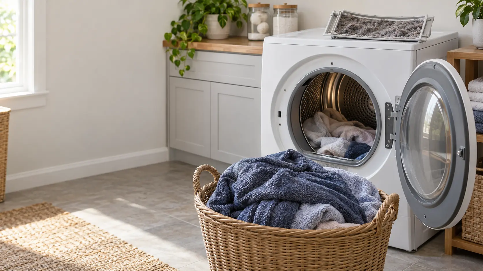 A home laundry room with a front-loading vented machine standing open after a finished cycle, a pile of towels in a basket in front of it visibly still damp and heavy, a lint screen held out of its slot and covered with a thick gray layer resting on the machine's top, soft daylight.