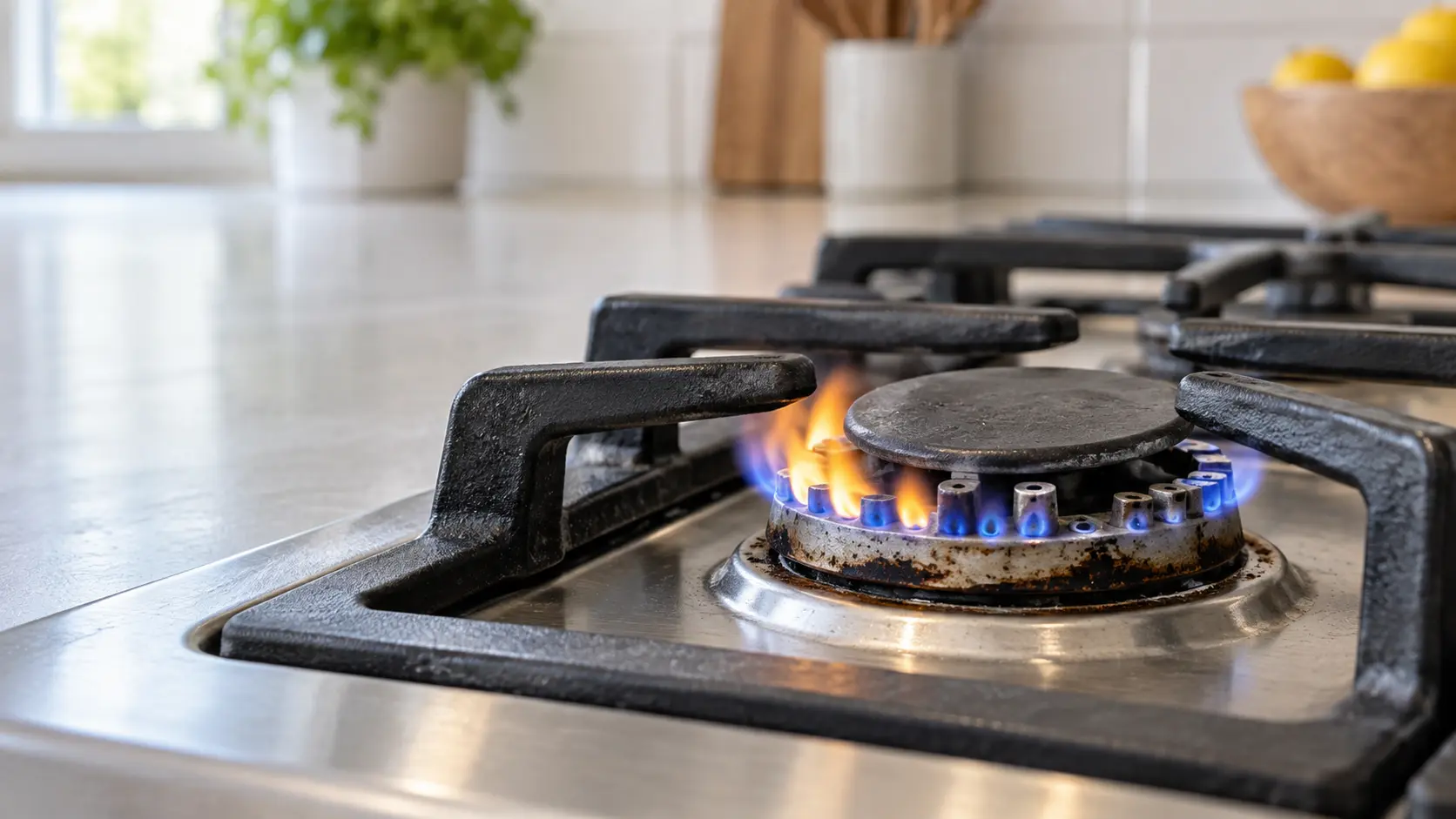Close view at the level of a single lit burner on a home gas cooktop, the flame ragged and partly yellow-orange on one side with some ports dark, the burner cap visibly sitting off-center, a dark ring of old spill on the burner head, black grate around it, the rest of the kitchen out of focus.
