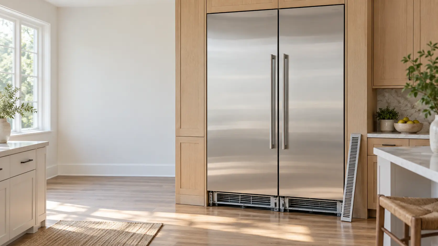 A tidy home kitchen with a tall built-in stainless column refrigerator and freezer pair set into light wood cabinetry, the toe grille at floor level removed and leaning against the cabinet, a technician seen only from the shoulders down kneeling on a gray mat and drawing a long soft coil brush out from under the unit, a small canister vacuum beside him, even daylight from a side window.