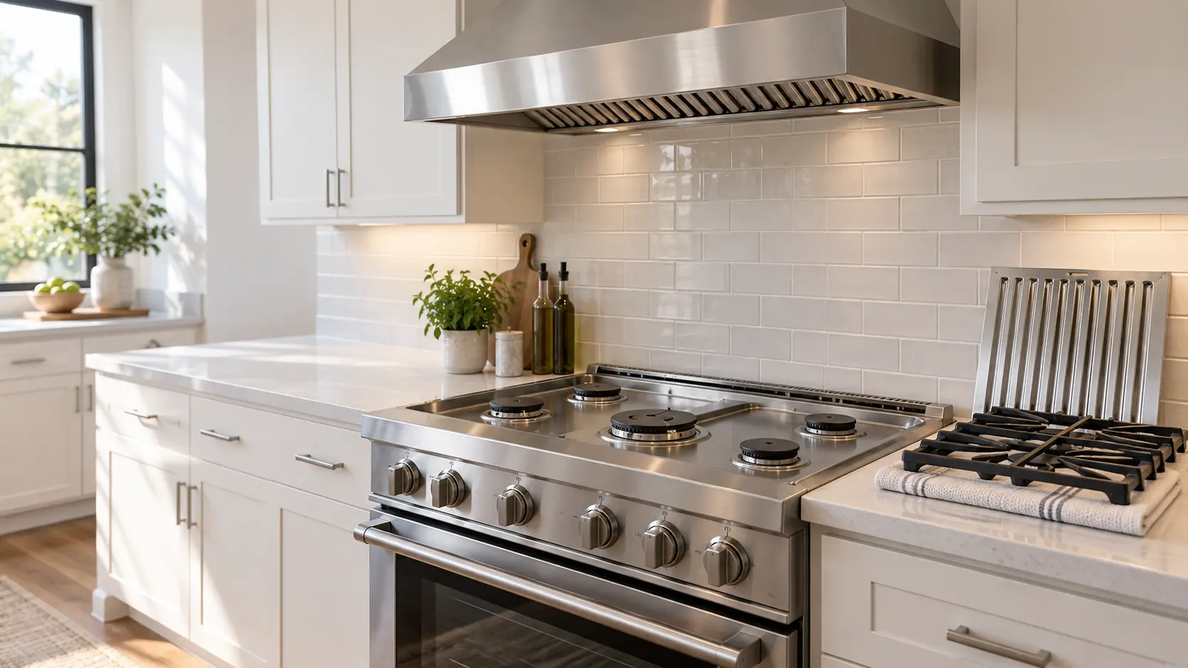 A home kitchen with a stainless pro-style gas range and a matching hood above it against a light tile backsplash, the grates lifted off and laid on a folded towel on the counter, a technician seen only from the shoulders down wiping a brass burner cap with a soft cloth, a clean baffle filter leaning beside the towel, all burners off, soft daylight.