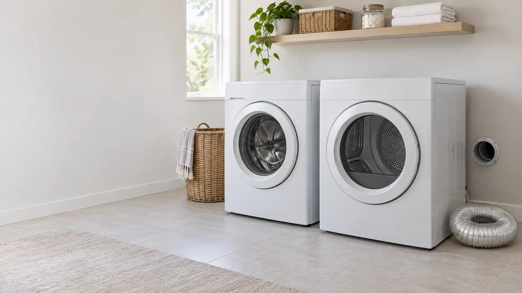 A clean home laundry room with a front-loading washer and a matching vented machine side by side on a light tile floor, the vented machine pulled a short way out from the wall, a technician seen only from behind and shoulders down feeding a long flexible duct brush into the round exhaust opening in the wall, a coil of silver semi-rigid duct on the floor beside him, soft daylight.