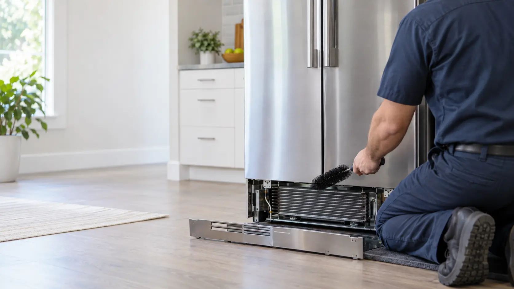 A technician in a plain navy work shirt holding a coil brush beside a refrigerator, face turned away.