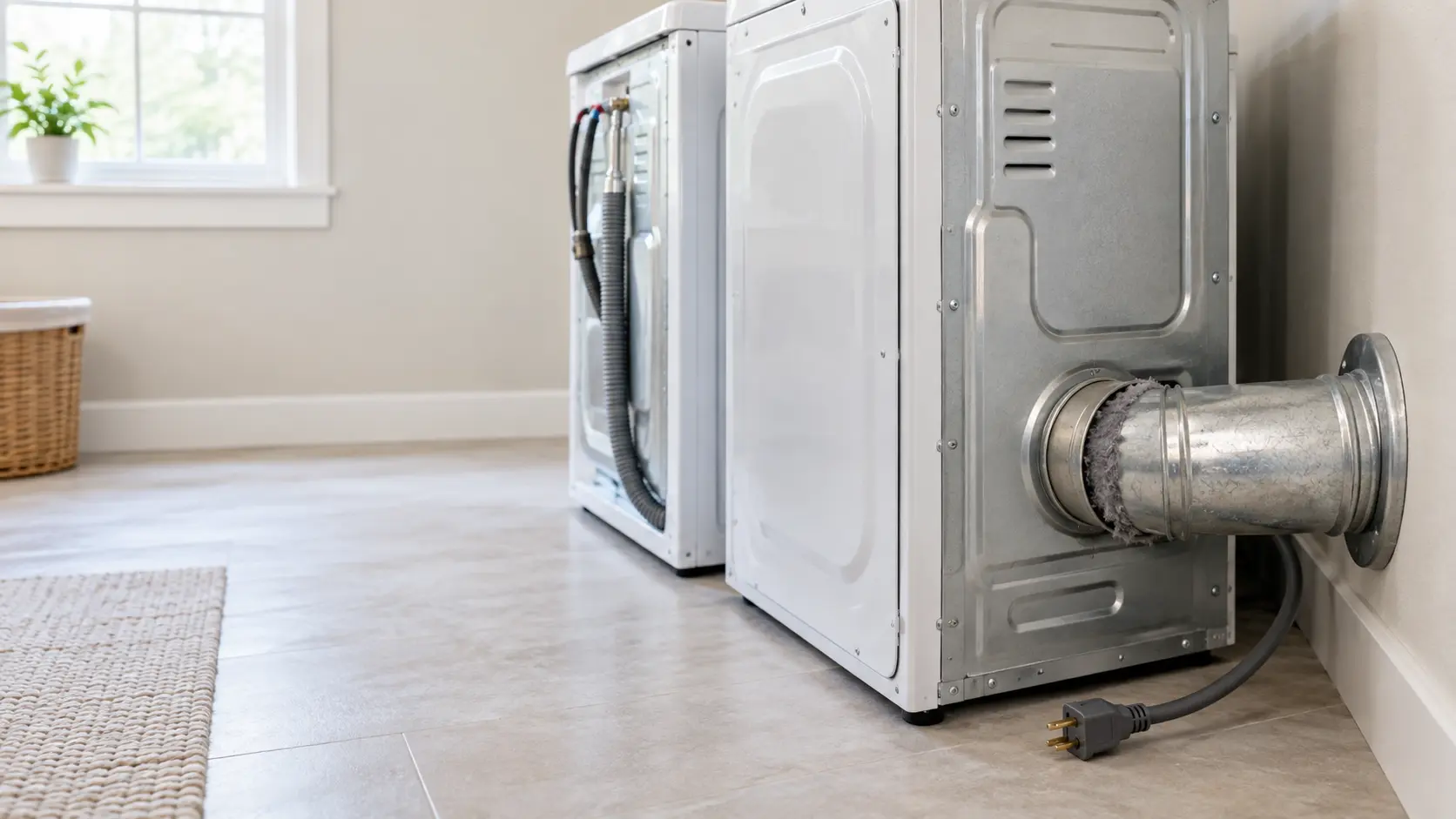 The back of a home laundry pair pulled out from the wall, a short length of rigid metal exhaust duct from the dryer to the wall outlet with a little gray lint at the joint, the dryer unplugged and nobody in the frame.