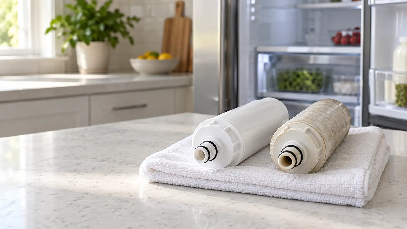A new white water filter cartridge and the used one it replaces lying side by side on a folded towel on a kitchen counter, the open door of a home refrigerator beside them, nobody in the frame.