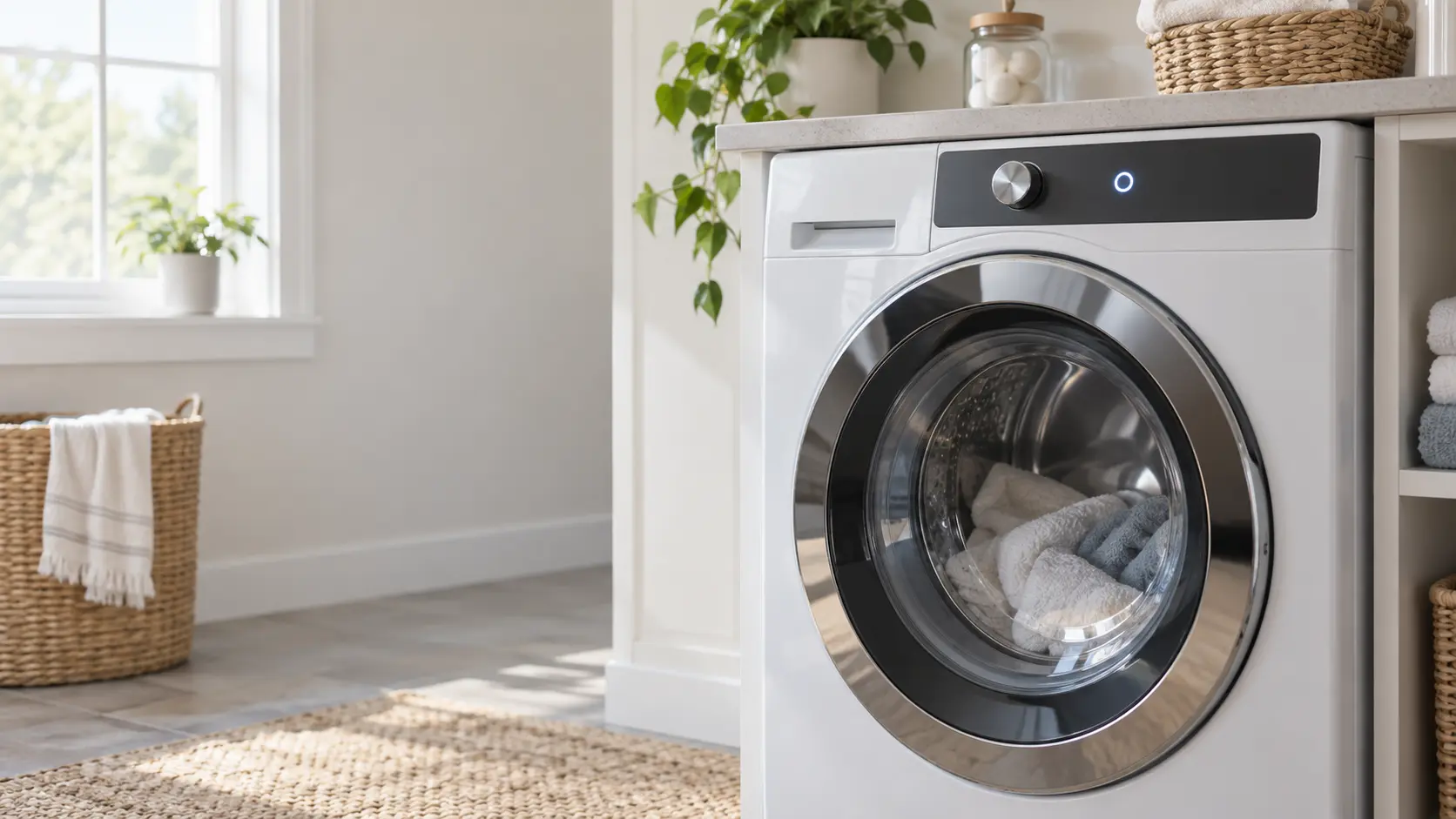 The lit control strip of a home front-load washer in a tidy laundry room, a small icon glowing on the display with no characters readable, the washer's door closed and nobody at the machine.