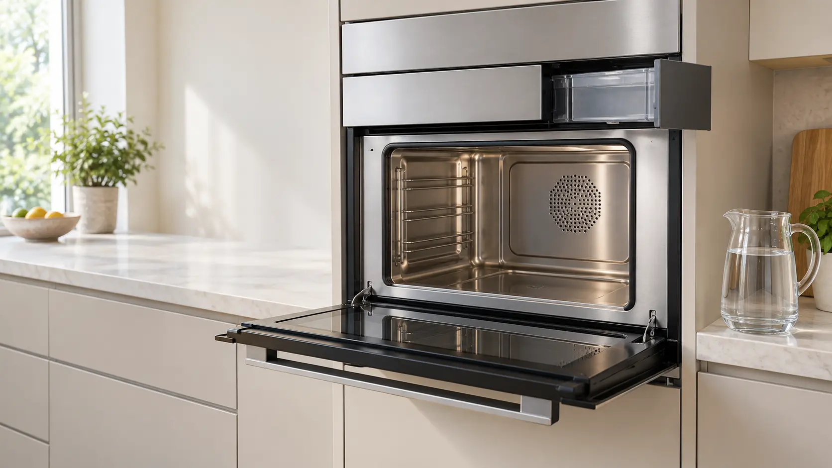 The open door of a built-in home steam oven in a clean kitchen, its empty stainless cavity and water tank drawer in view, a clear jug of water on the counter beside it, nobody in the frame.