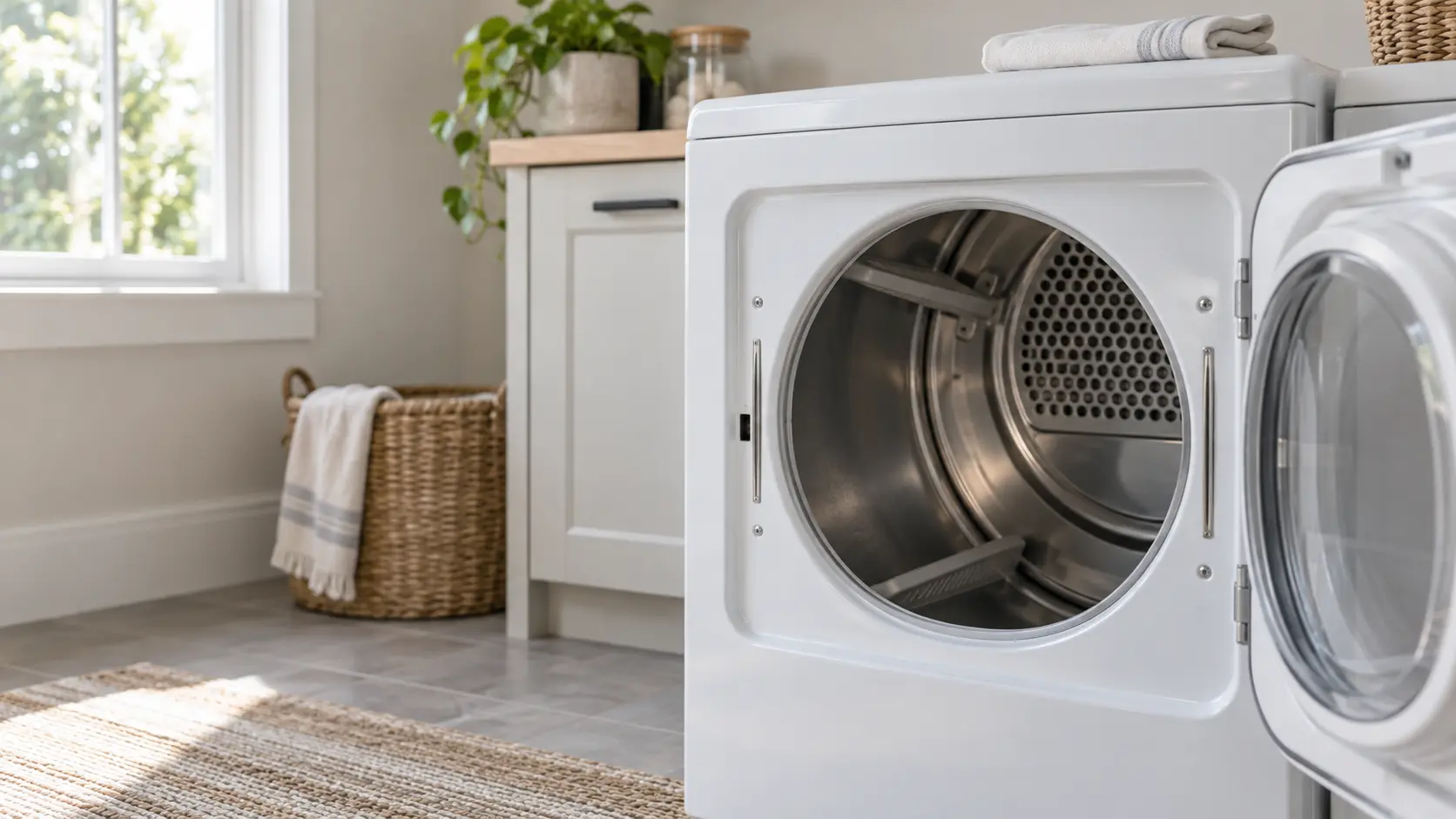 The open door of a home dryer in a laundry room, the two thin metal moisture-sensor strips inside the drum opening wiped clean, a soft cloth folded on top of the dryer, nobody in the frame.