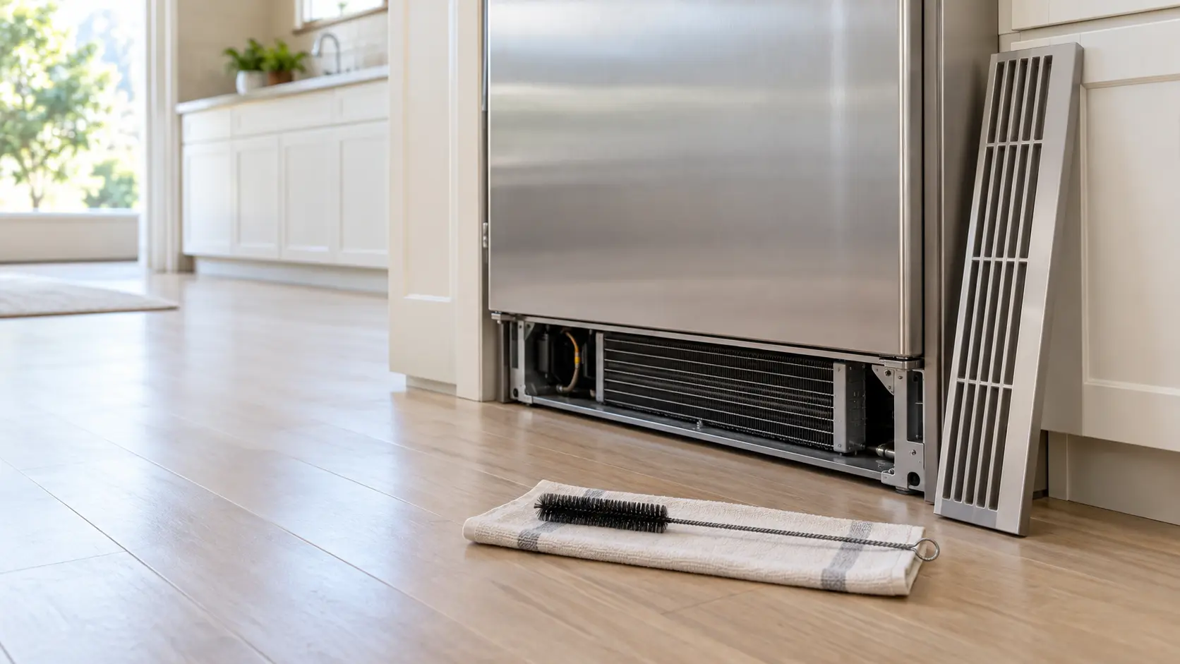 The lower grille of a built-in home refrigerator in a kitchen, the grille removed and leaning against the cabinet, a long narrow coil brush lying on a cloth on the floor in front of it, nobody in the frame.
