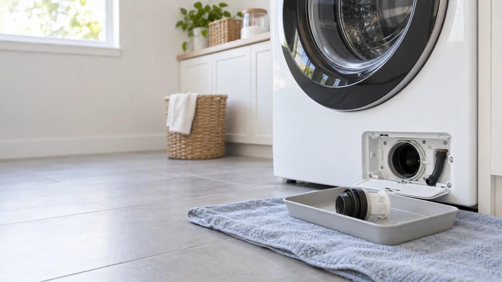 The open lower access panel of a home front-load washer, the round drain filter cap unscrewed and resting in a shallow tray on a towel on the laundry room floor, nobody in the frame.