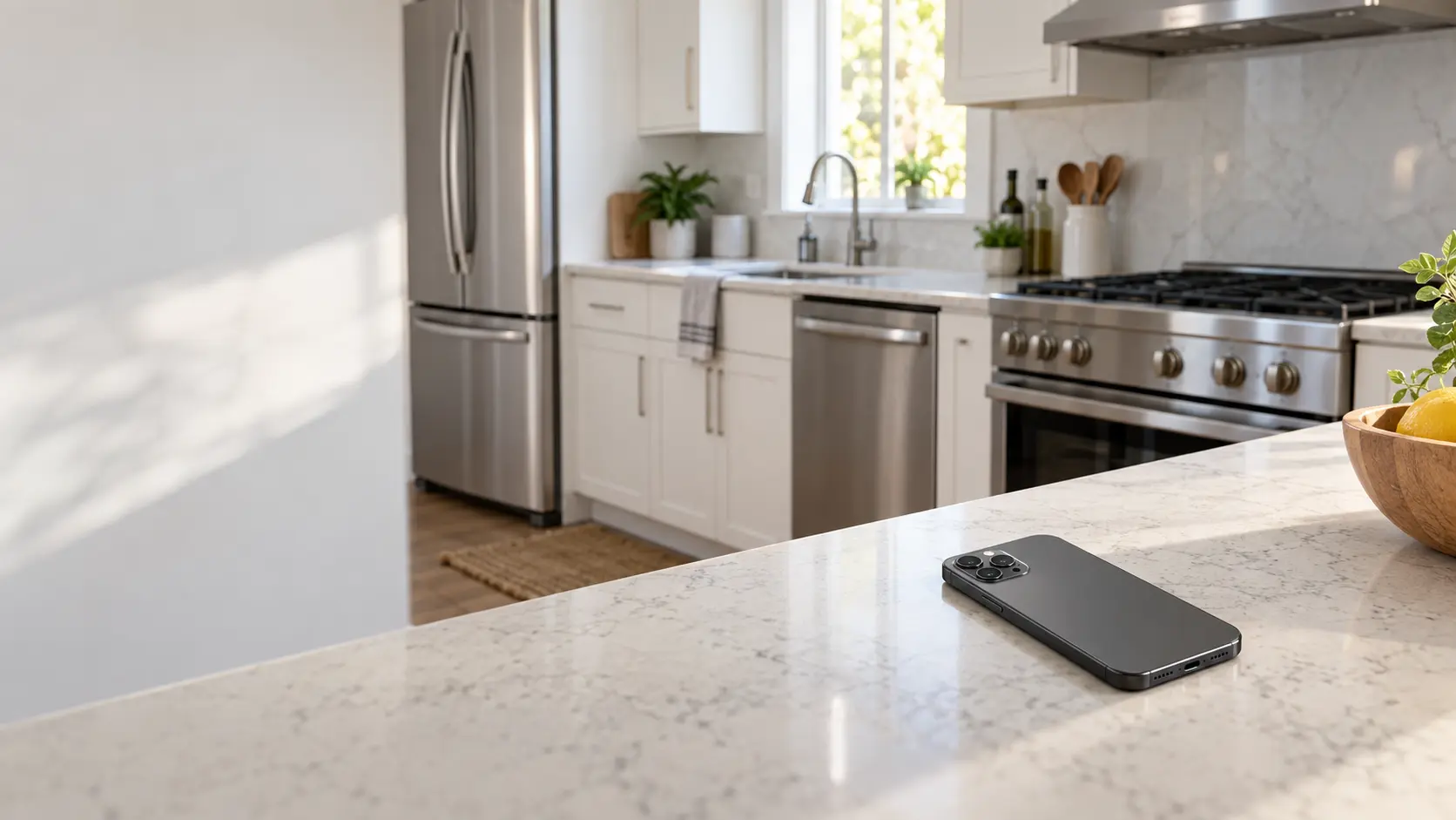 A phone lying face down on a kitchen counter beside a range.
