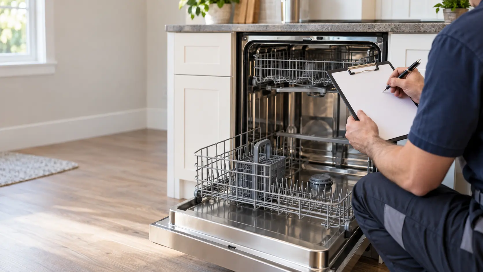 A technician writing on a blank clipboard beside an open dishwasher, the page empty of any writing.