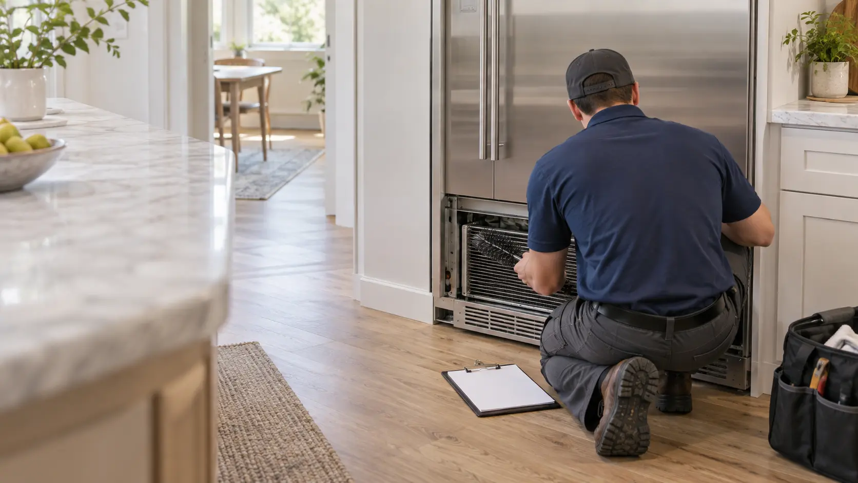 A technician, seen from behind at shoulder height, kneels in front of an open built-in refrigerator's lower grille in a well-kept home kitchen with a clipboard of service notes resting on the floor, a coil brush in one hand beside the refrigerator grille, indoors.