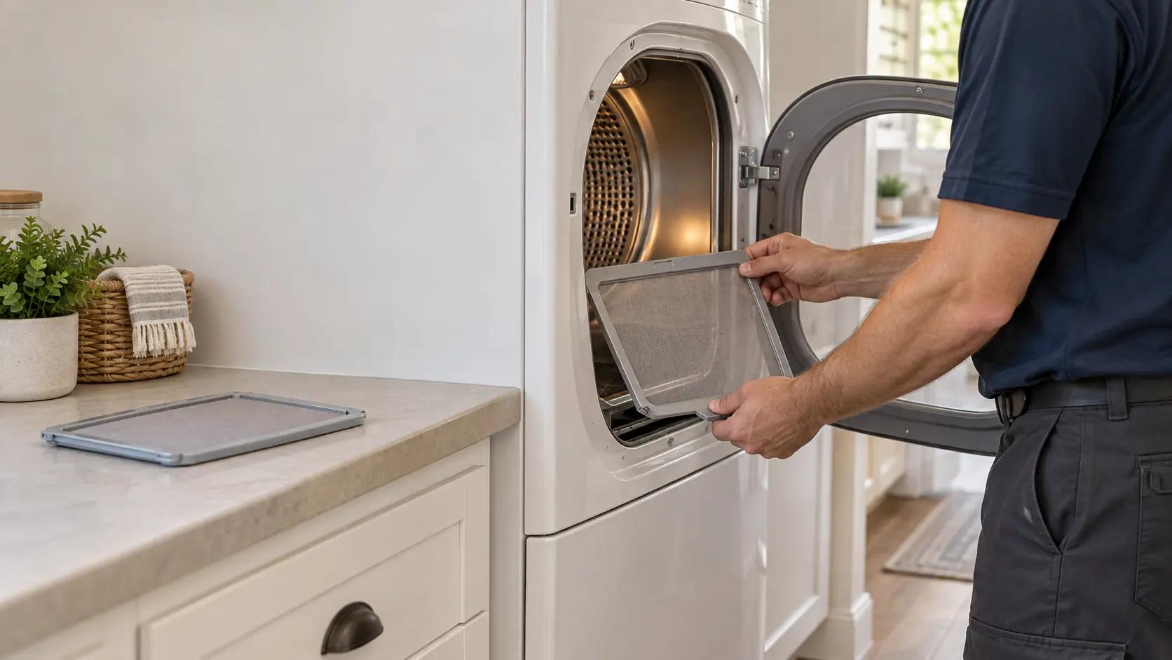 A tidy home laundry room beside the kitchen, a technician seen from the shoulders down sliding the lint screen out of a clothes dryer's door opening while a second clean lint screen for the same clothes dryer rests on the folding counter, indoors, seasonless.
