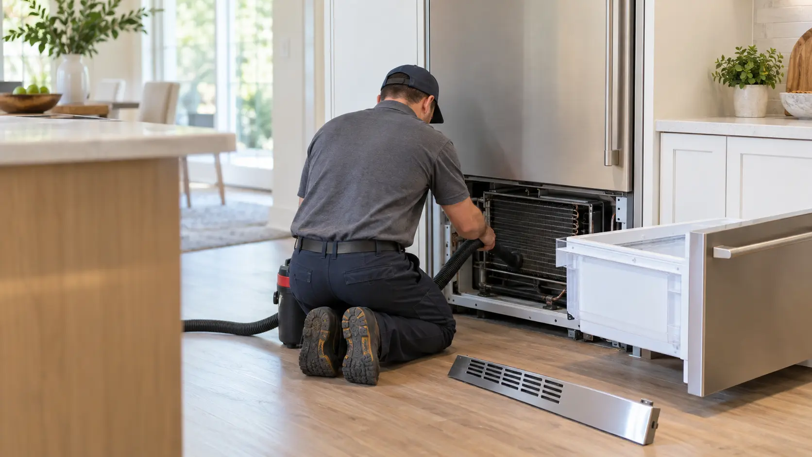 A home kitchen with a built-in refrigerator's lowest freezer drawer pulled fully out and its kick plate set aside, a technician kneeling, seen from behind, vacuuming the condenser coil through the open front of the built-in refrigerator, the cabinetry around it clean and tight, indoors, seasonless.