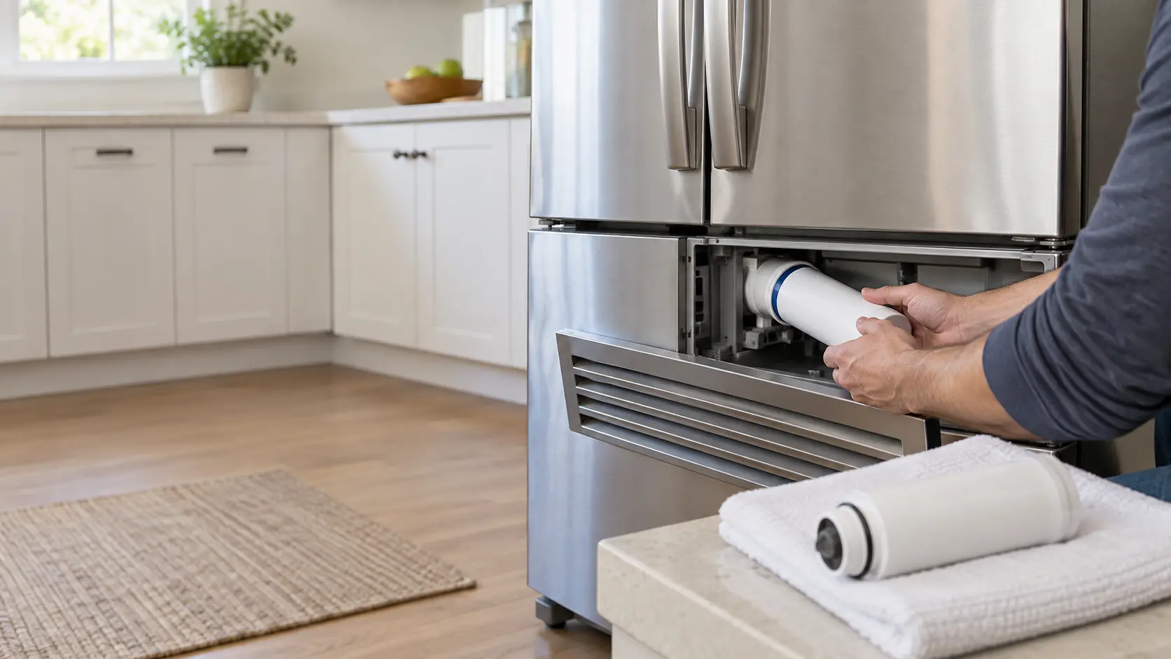 A clean home kitchen counter beside a French door refrigerator with its lower grille panel open, an owner's hands seen from the shoulders down turning a new water filter cartridge into the refrigerator's filter housing while the spent refrigerator water filter lies on a folded towel, indoors, seasonless.