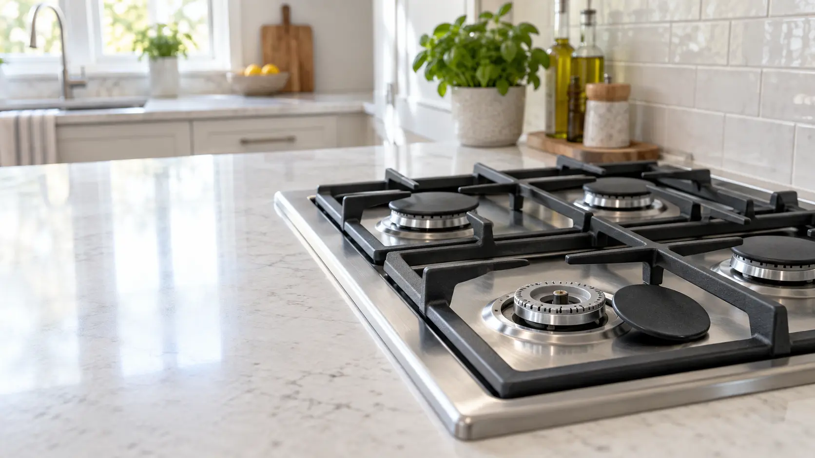 A well-kept home kitchen with a gas cooktop set into a stone counter, every burner switched off and cool, a technician's hands seen from the shoulders down lifting a burner cap off one gas cooktop burner to show its clean, open ports, the other gas cooktop burners with their caps seated flat, indoors, seasonless.