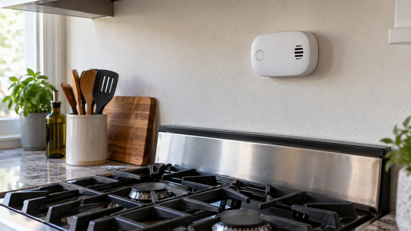 Close on a carbon monoxide alarm on a kitchen wall above a gas range.