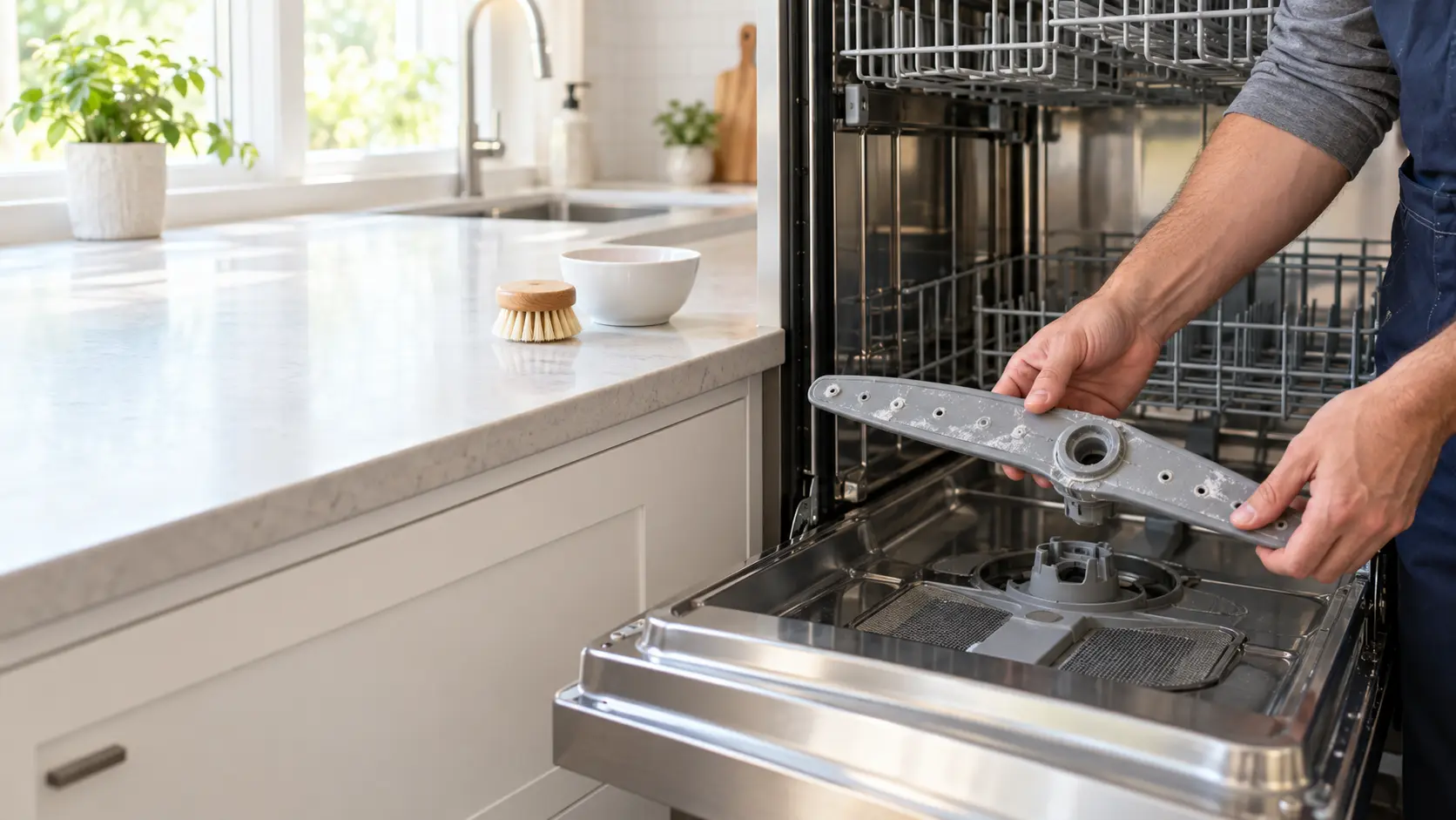 A bright home kitchen with a built-in dish care machine open at counter height, a technician's hands seen from the shoulders down lifting the lower spray arm out of the dish care machine, white hard water scale visible around the spray arm's holes, a soft brush and a small bowl on the counter, indoors, seasonless.