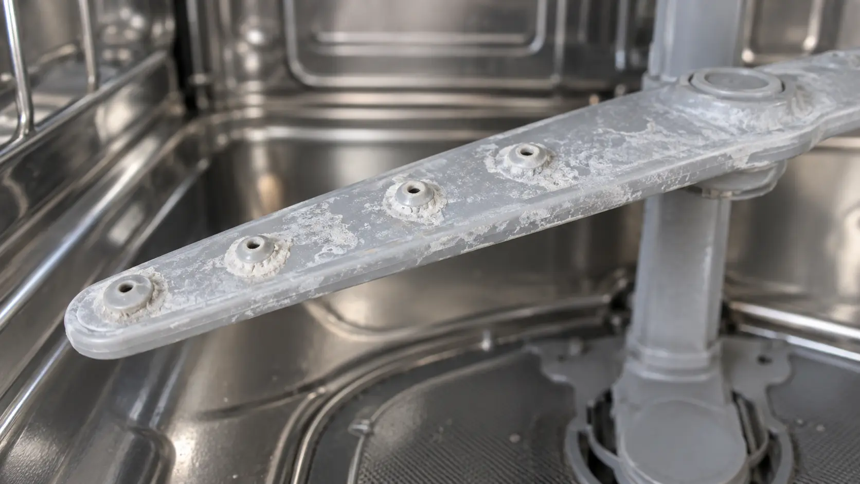 Close on white mineral scale on a dishwasher's spray arm.