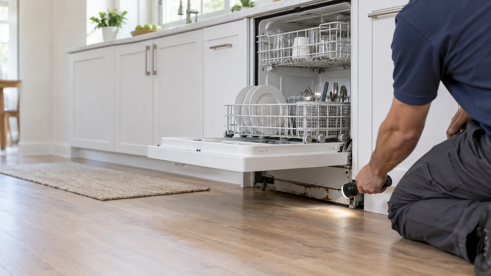 A technician's hands, shoulders down, hold a flashlight toward the rusted lower frame beneath the open door of an older white dishwasher in a clean home kitchen, the dishwasher door lowered and its racks pulled out, indoors.