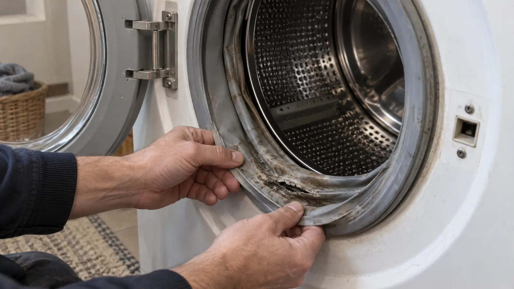 Close on the worn drum seal of an older front-loading washer.