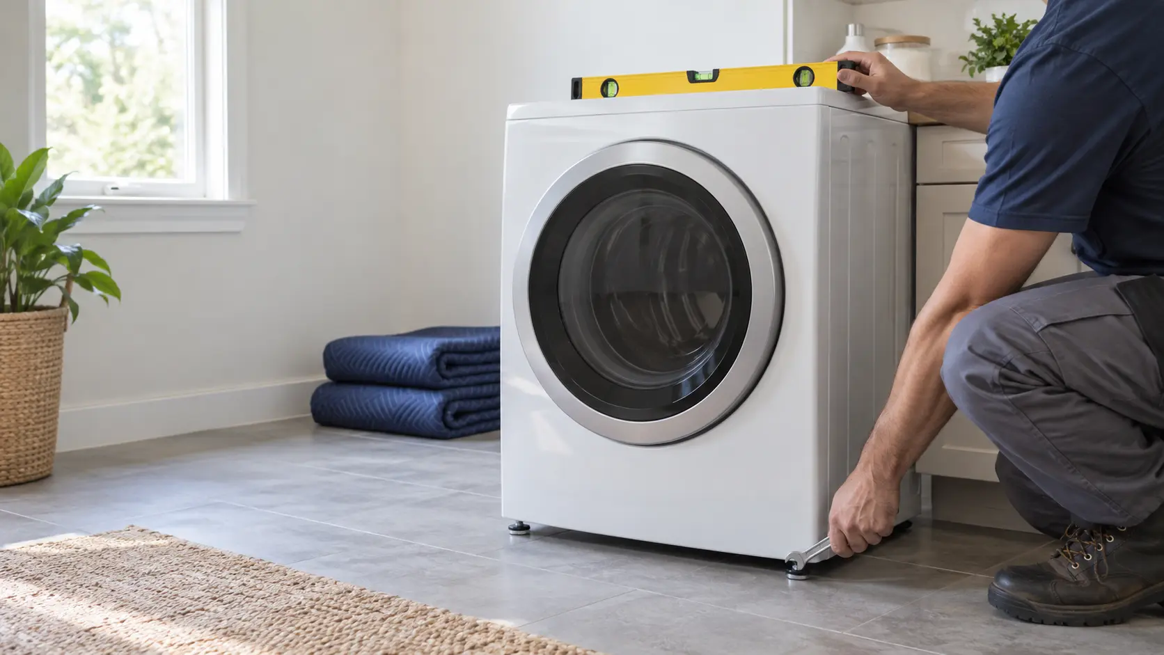 A freshly moved-into home laundry room, a technician seen from the shoulders down setting a spirit level across the top of a front-load laundry machine while turning one leveling foot of the laundry machine with a wrench, packing blankets folded in the corner, indoors, seasonless.