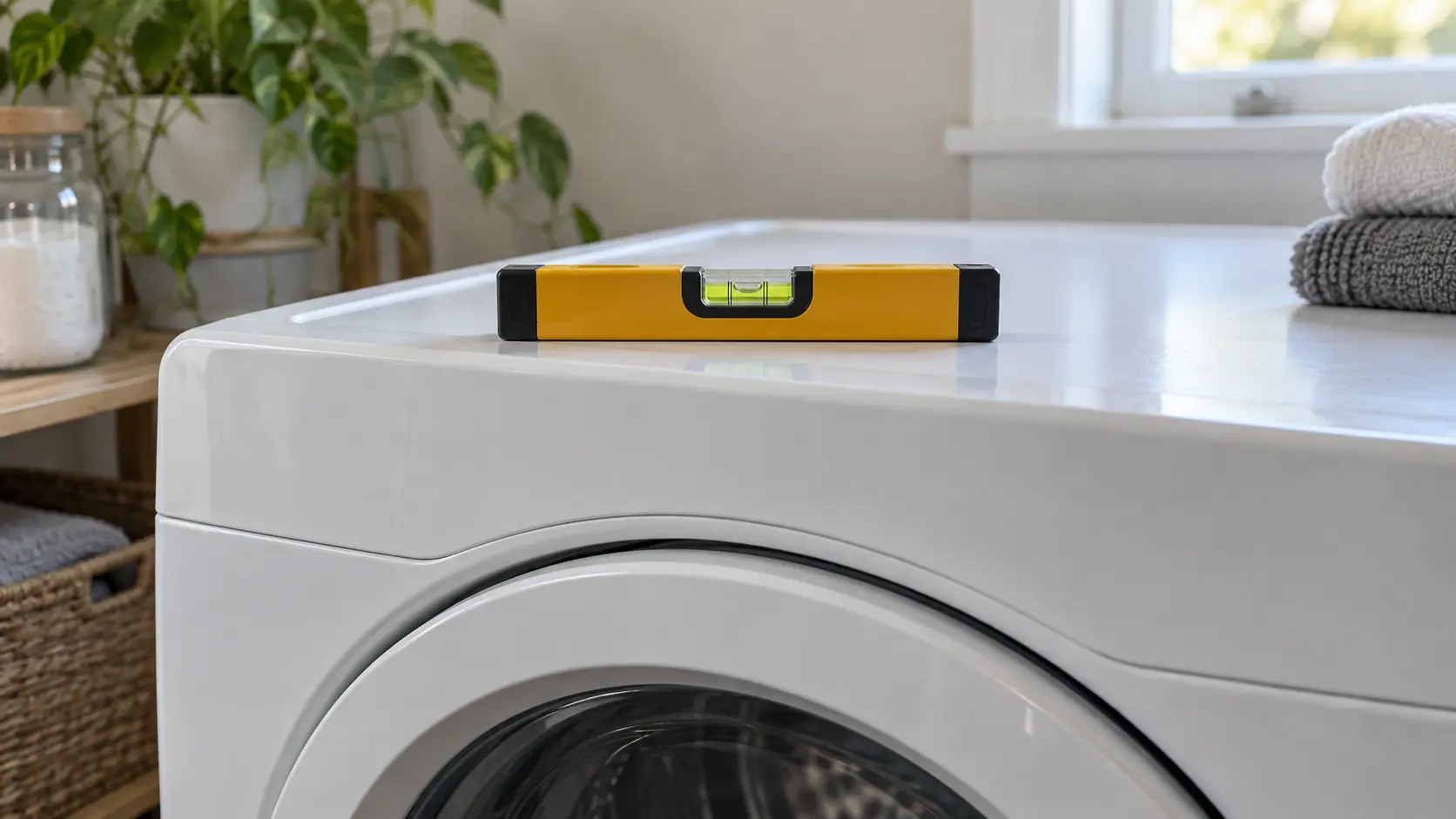Close on a small spirit level resting on top of a front-loading washer.