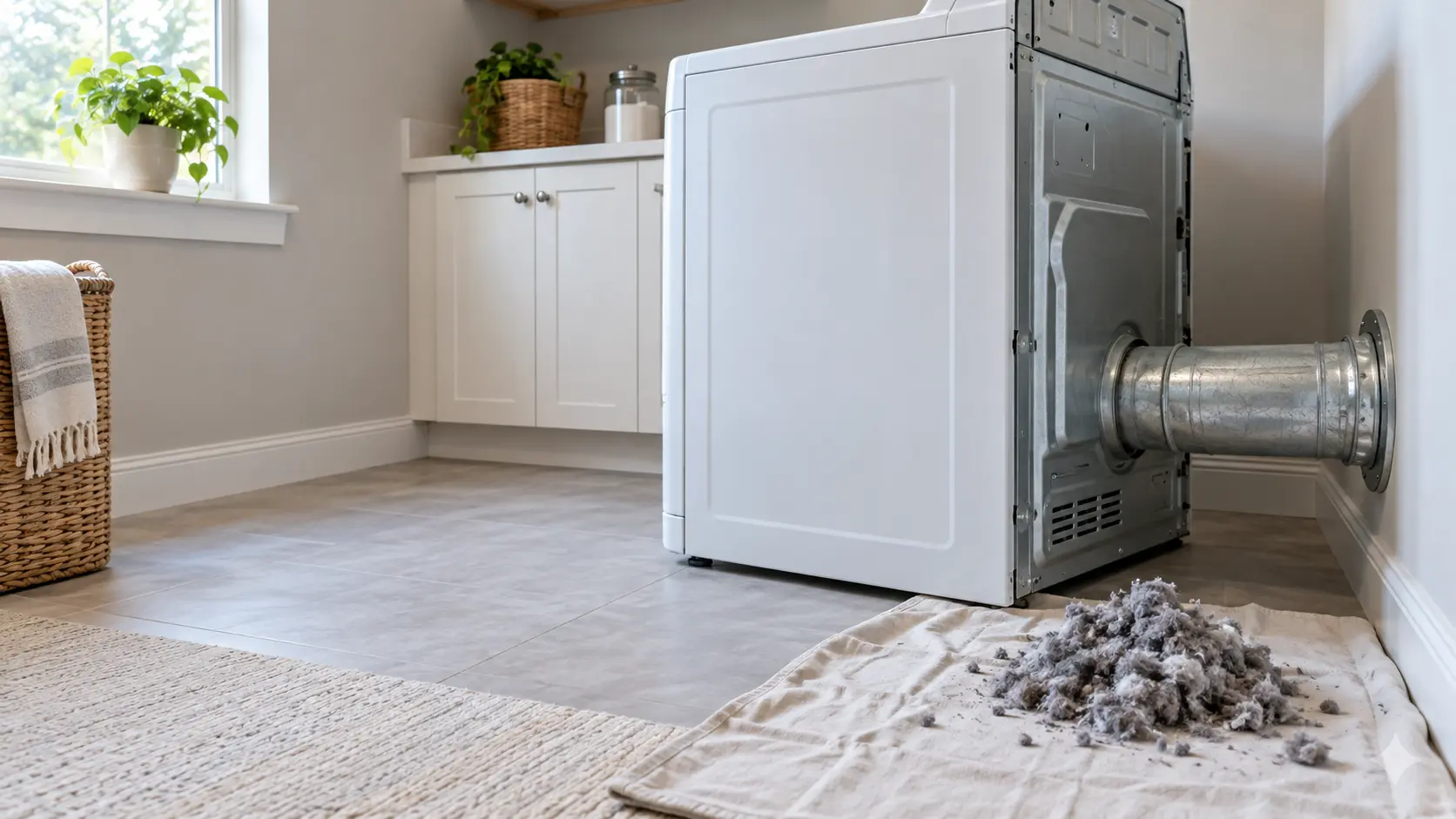 A home laundry room with a clothes dryer pulled a foot away from the wall, a technician seen from behind feeding a long vent cleaning brush into the round metal exhaust duct at the back of the clothes dryer, gray lint pulled from the exhaust duct lying on a drop cloth, indoors, seasonless.