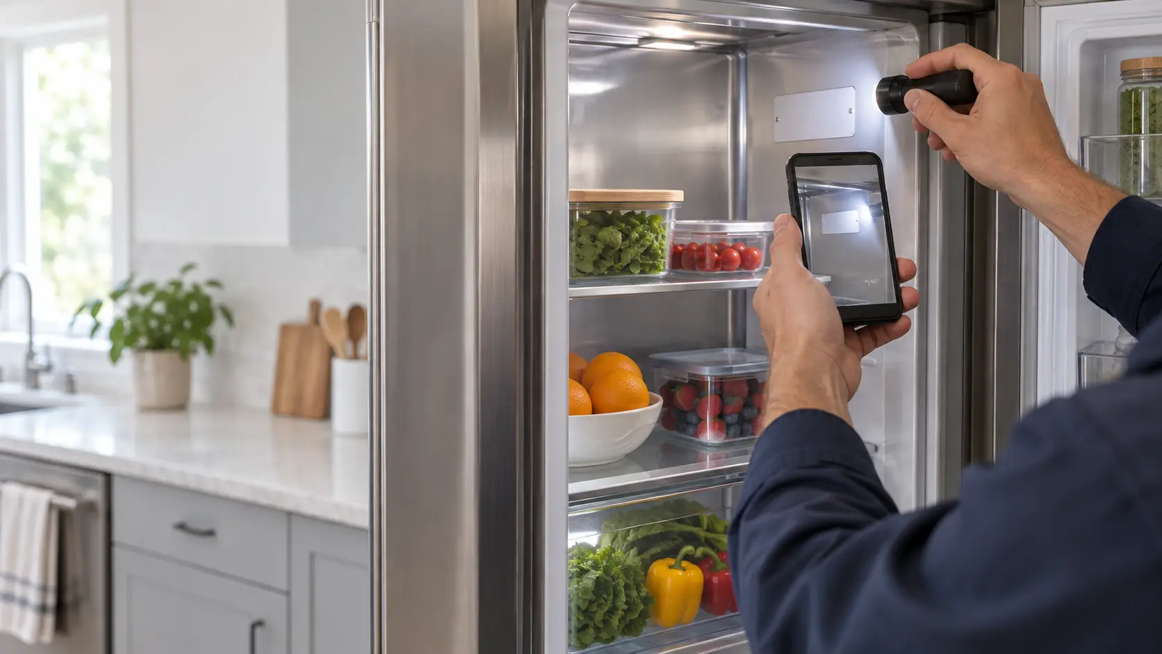 A technician's hand, shoulders down, holds a small flashlight on the rating tag inside the upper side wall of an open stainless refrigerator in a clean home kitchen, the refrigerator shelves neatly stocked below, a phone held flat in the other hand to photograph the tag, indoors.