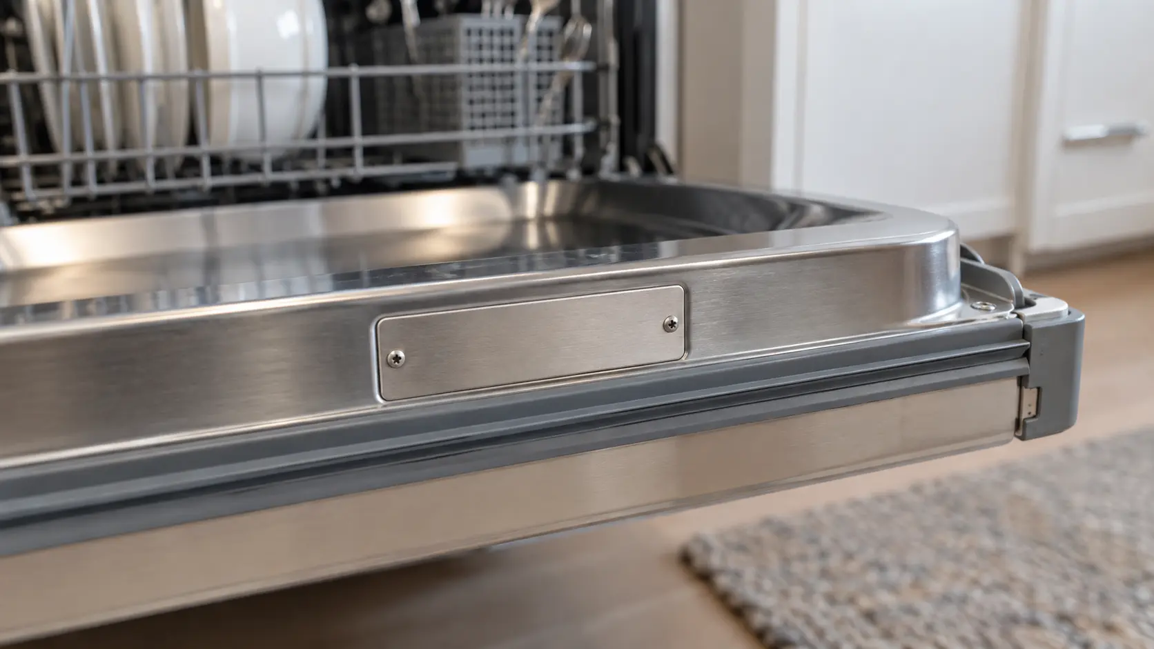 Close on a small blank metal plate with no characters inside a dishwasher door edge.