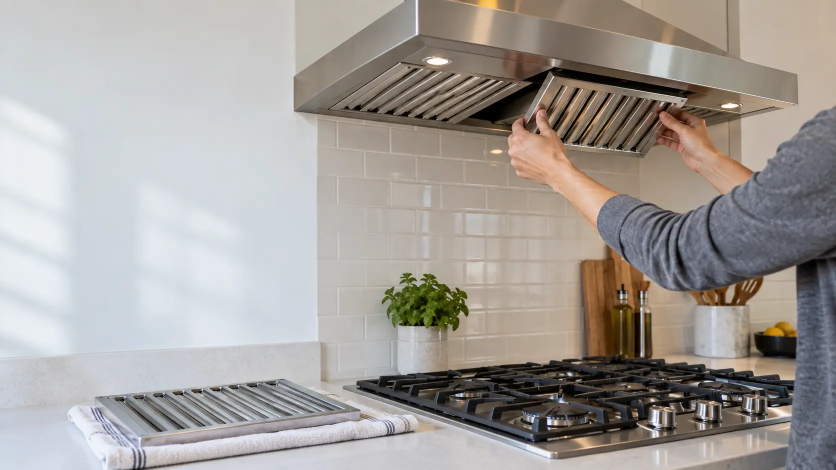 A homeowner's hand, shoulders down, slides a clean stainless baffle filter back into the underside of a wall-mounted kitchen hood above a gas cooktop in a tidy home kitchen, a second washed hood filter drying on a towel on the counter, indoors.