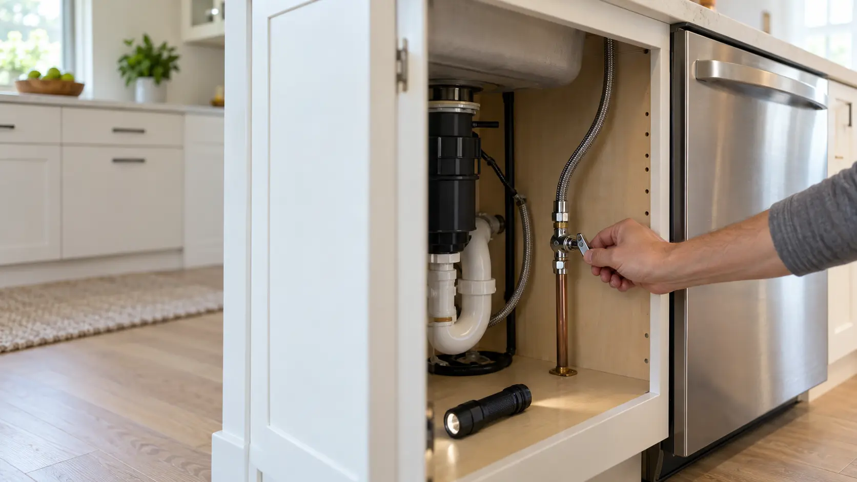 The open sink cabinet of a clean home kitchen beside a built-in dish care machine, an owner's hand seen from the wrist down turning the chrome shutoff valve on the dish care machine's hot water line, the shutoff valve's small lever half turned, a flashlight resting on the cabinet floor, indoors, seasonless.