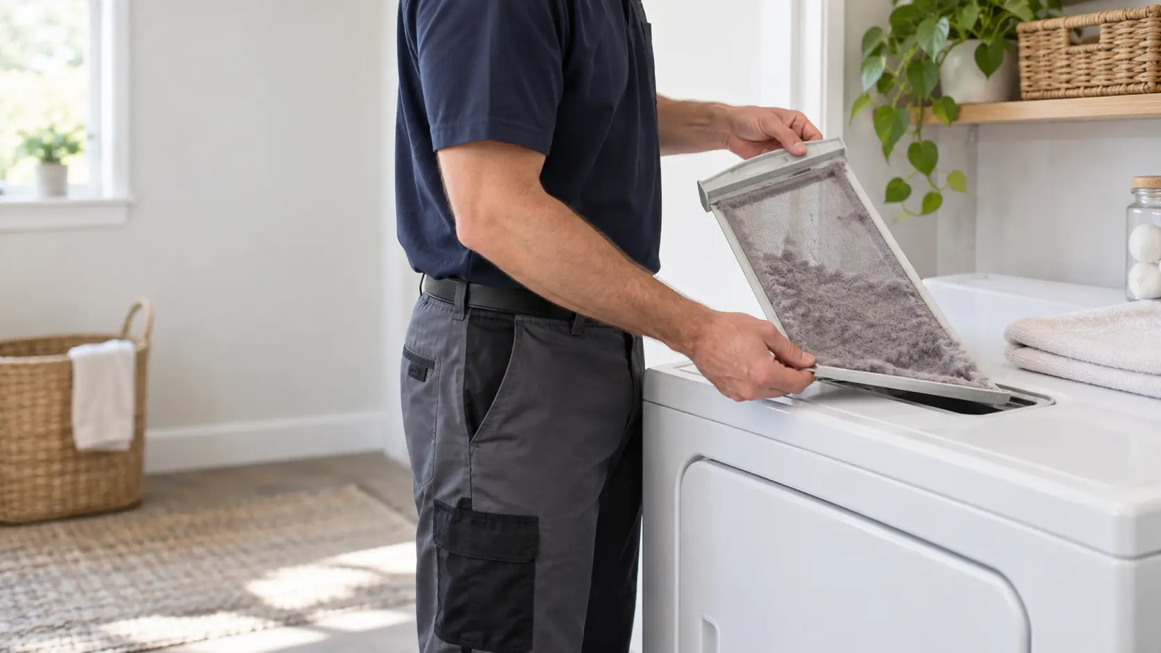 A technician's hands, seen from the shoulders down, pull the lint screen out of a white laundry dryer in a tidy home laundry room, a soft gray mat of lint across the dryer lint screen, a folded towel on the machine beside it, indoors.