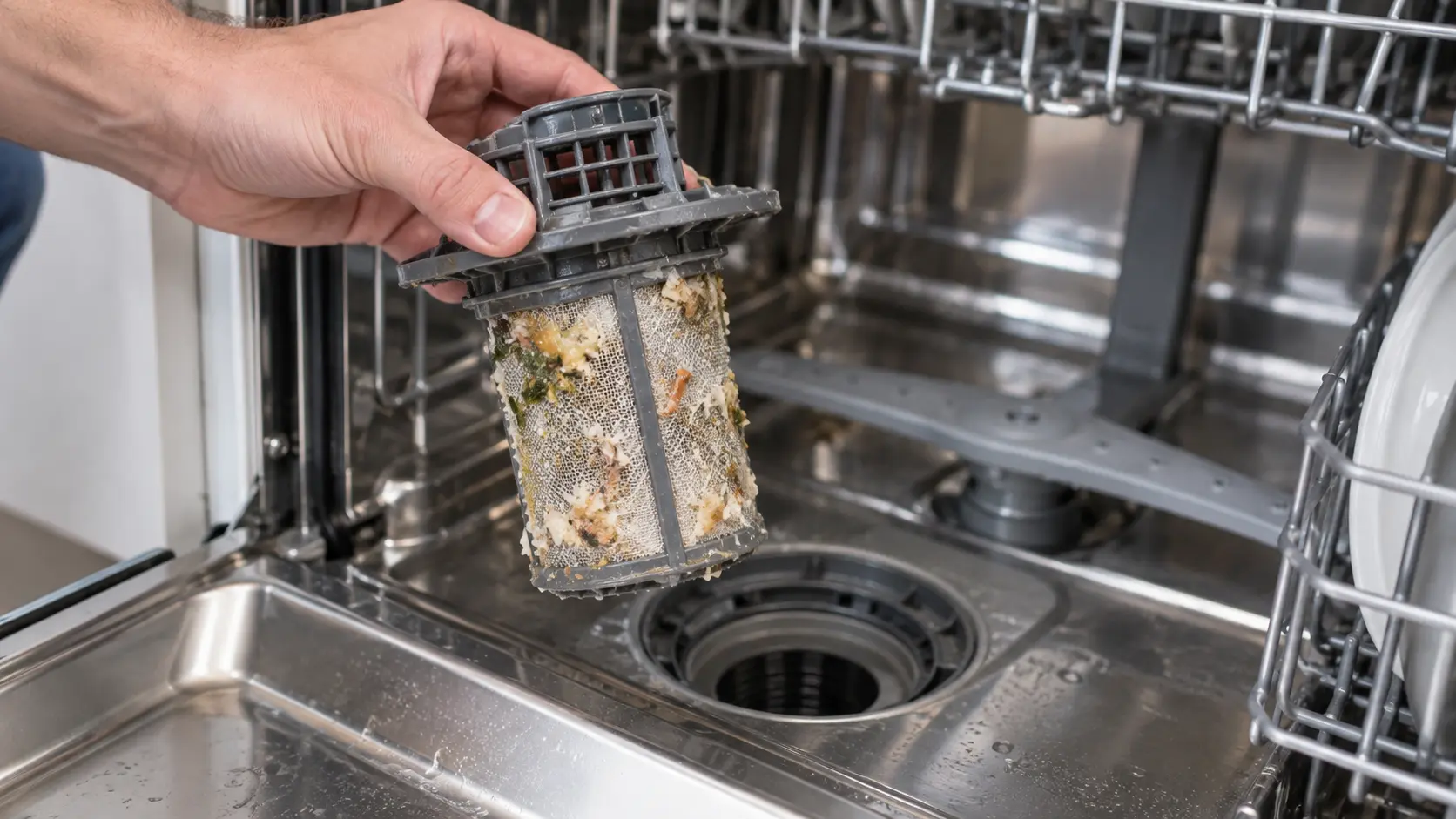 Close on a dishwasher filter clogged with food bits, lifted out of the tub.