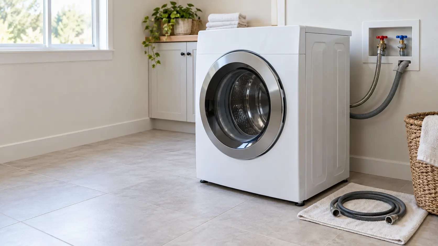 A home laundry room with a front-load laundry machine pulled slightly forward, a technician's hands seen from the shoulders down threading a new braided fill hose onto the hot water valve behind the laundry machine while the old fill hose lies coiled on a towel on the floor, indoors, seasonless.